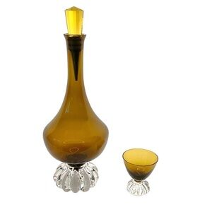 Vintage Amber Blown Glass Decanter &‎ Shot Glass Cordial Liquors MCM Sweden
